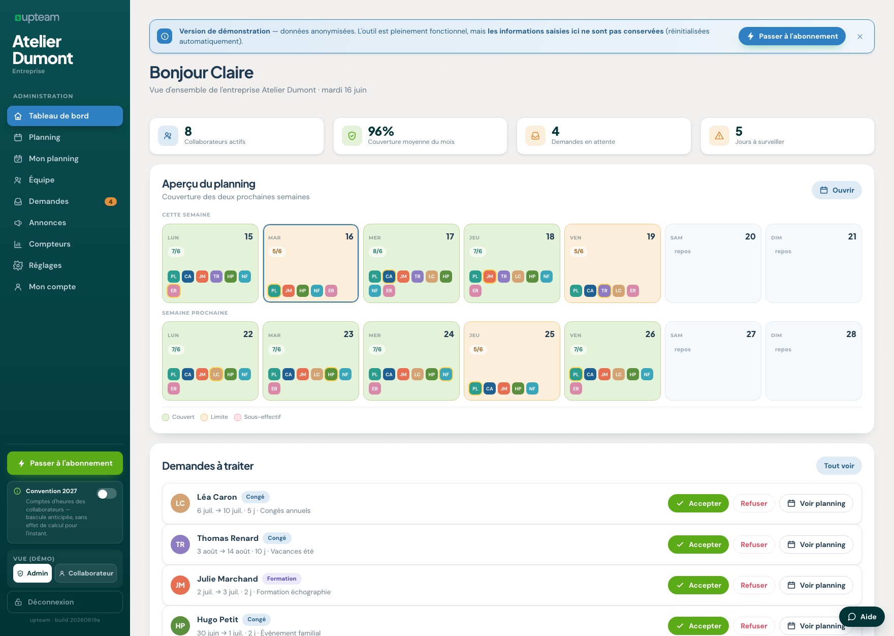 Tableau de bord upteam : couverture, demandes à traiter, annonces de la direction