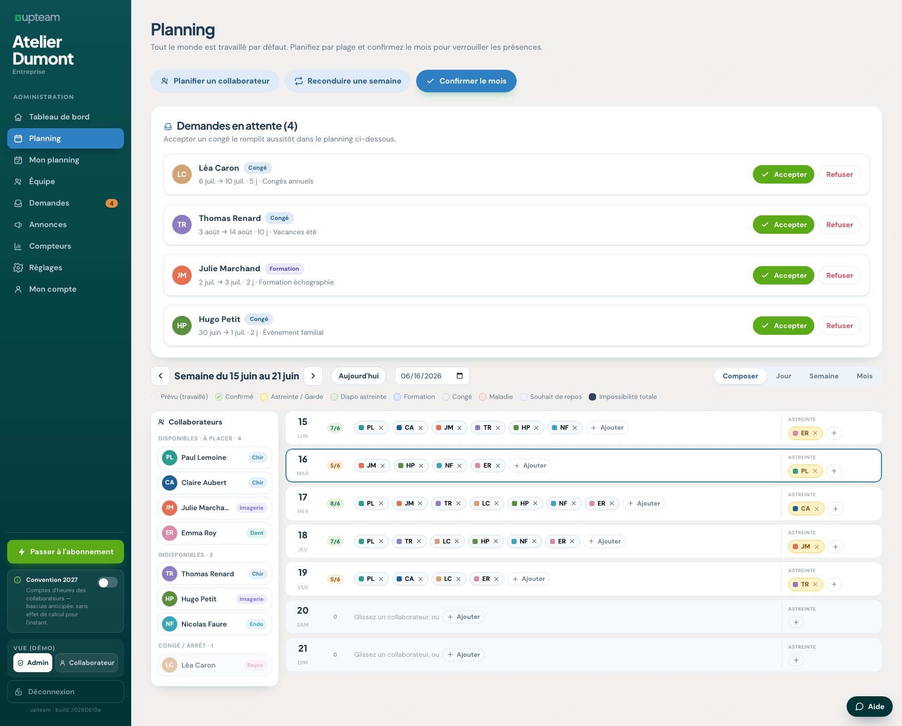 Planning mensuel upteam avec couverture par compétence