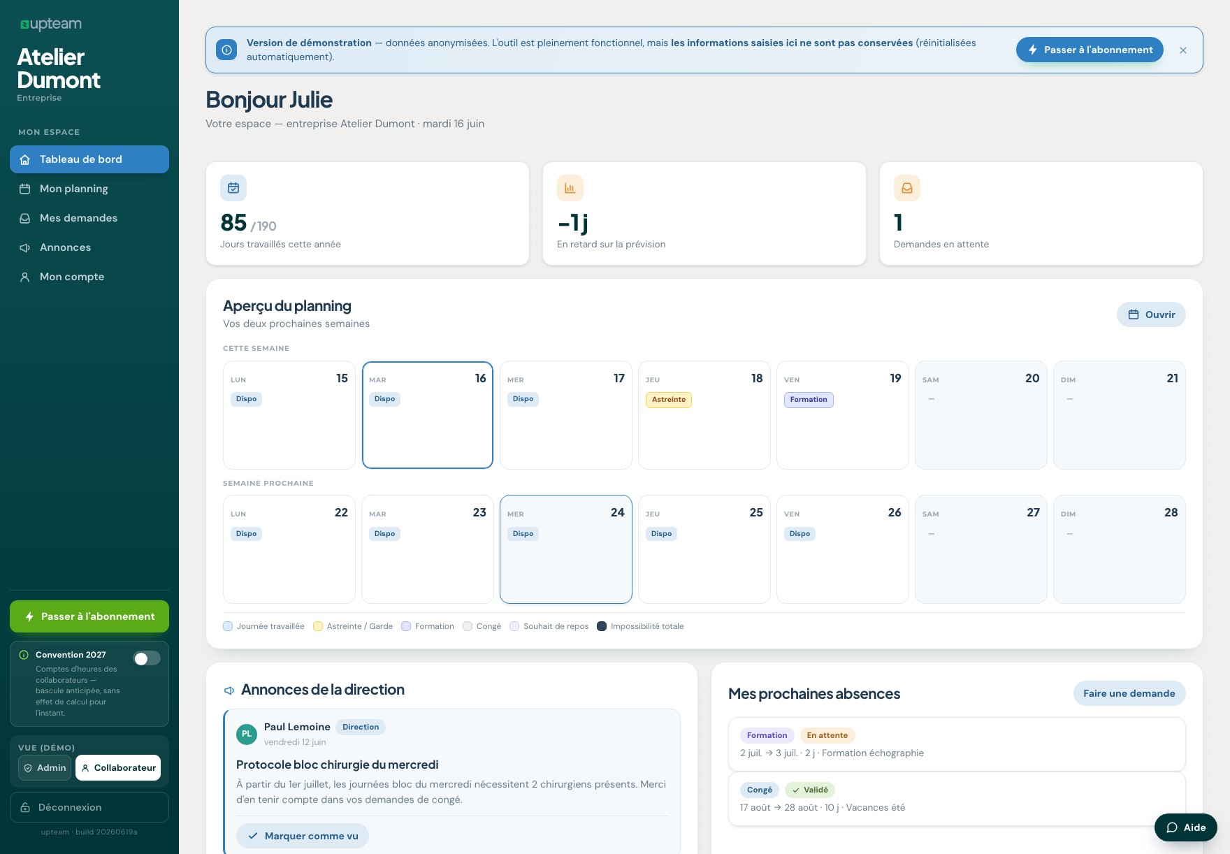 Espace collaborateur : compteur personnel, demandes, annonces
