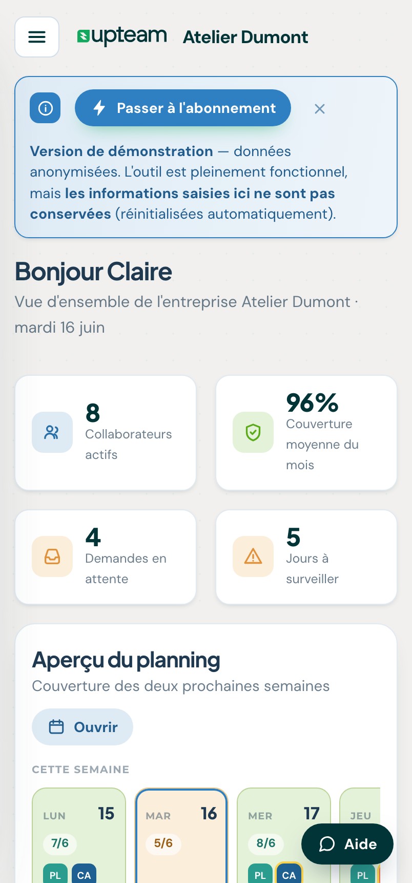 upteam sur mobile : tableau de bord de l'équipe